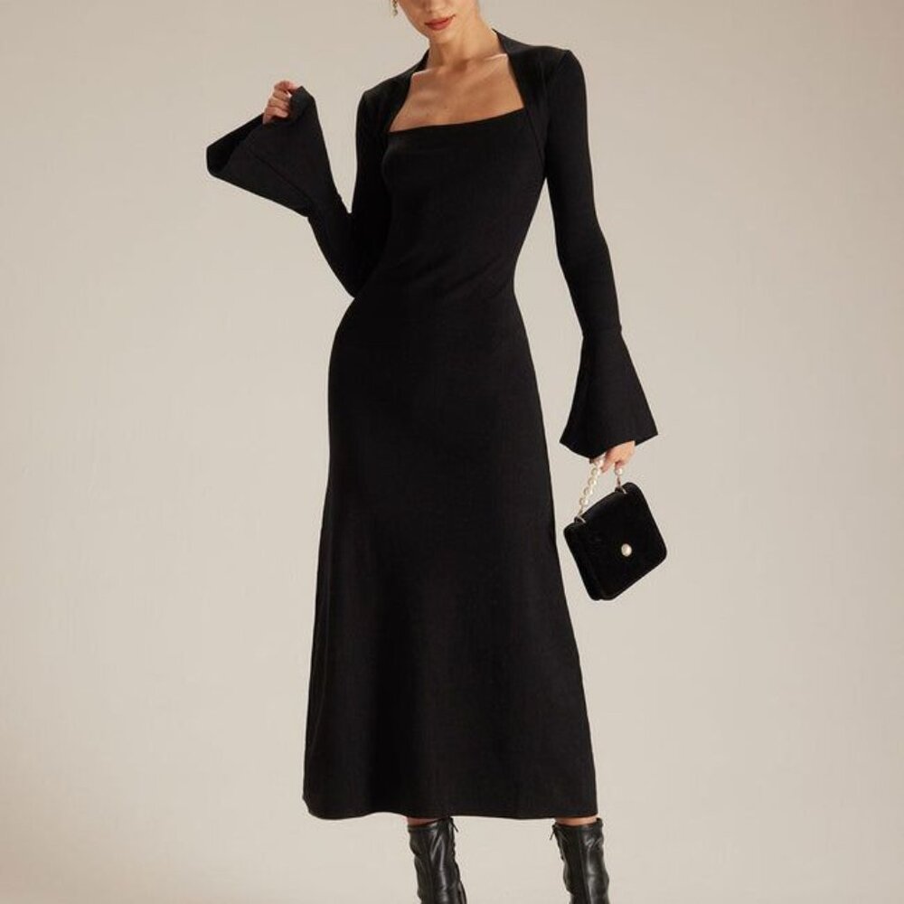 Black Square Neck, Bell Sleeve Midi Dress
